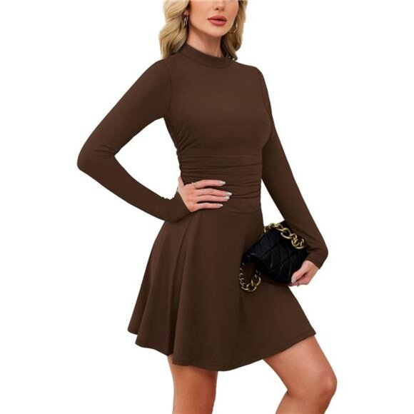 Long Sleeve Mini Dresses for Women Coffee - Picture 4 of 5